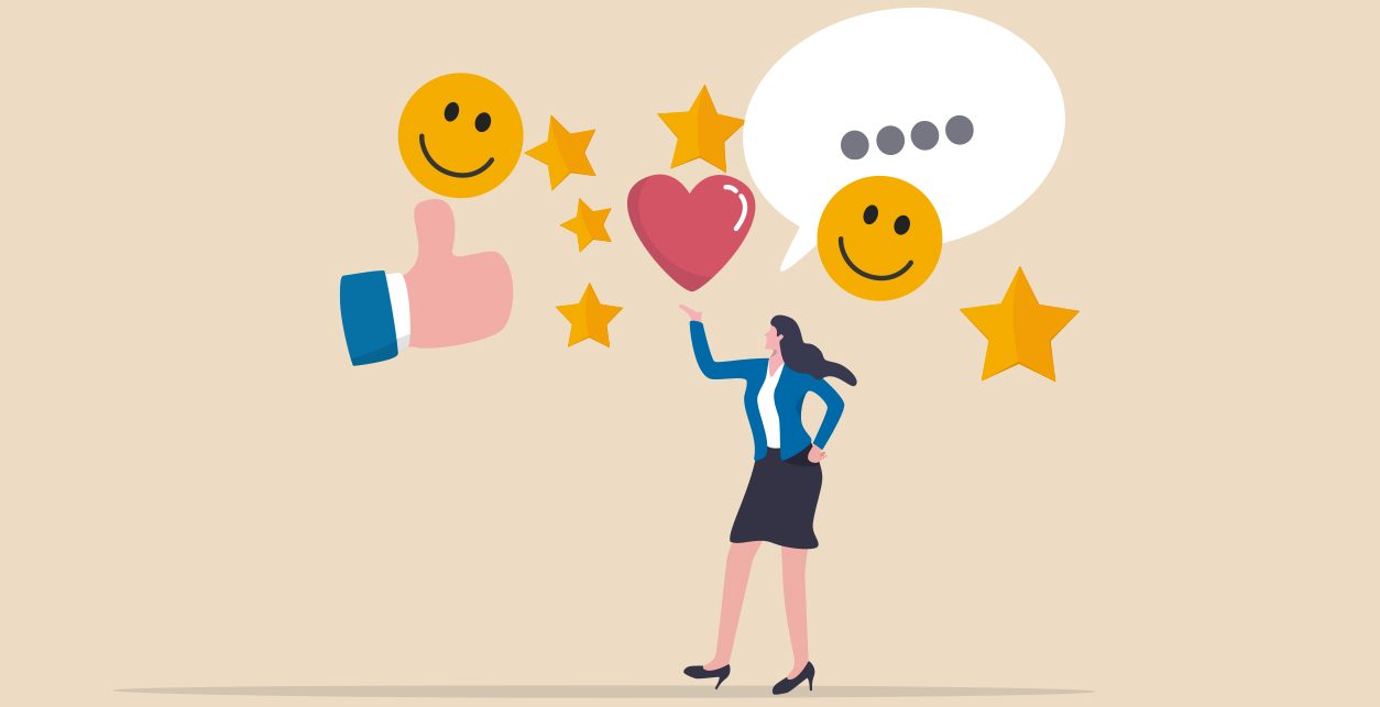 illustration of female employee and icons for positive feedback.
