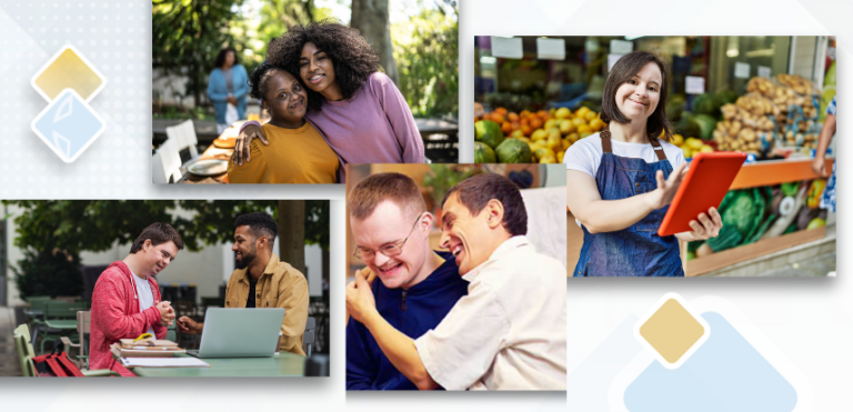Collage of adults with developmental disabilities doing various activities.