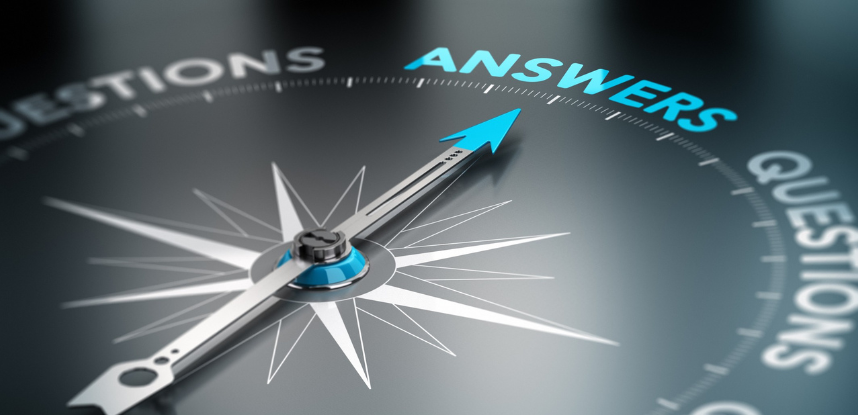 Compass needle pointing to “Answers” on a dial labeled with questions and answers, symbolizing guidance and finding reliable information.