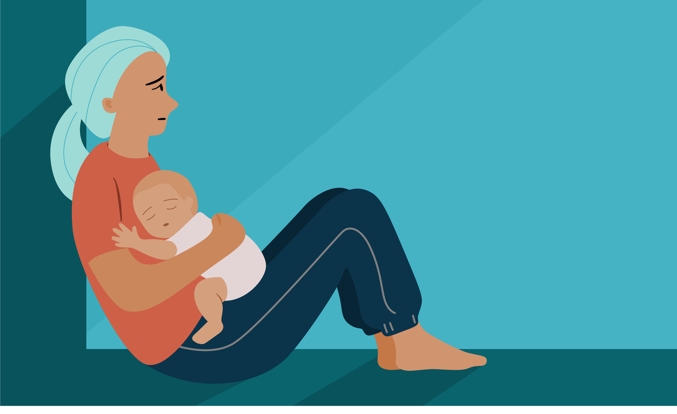 illustration of young tired mother sitting on the floor holding a baby