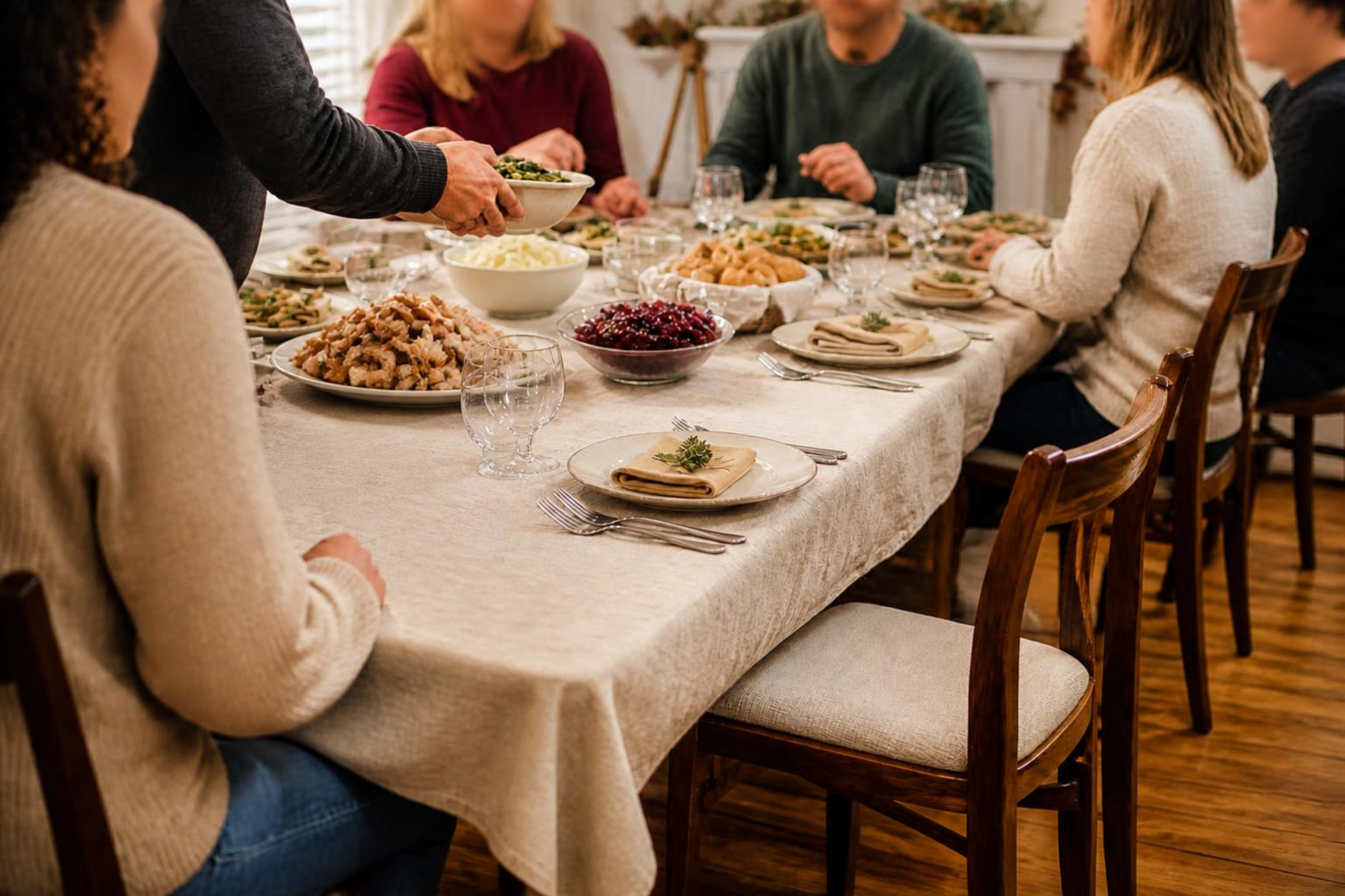family sitting around a holiday table with one empty seat